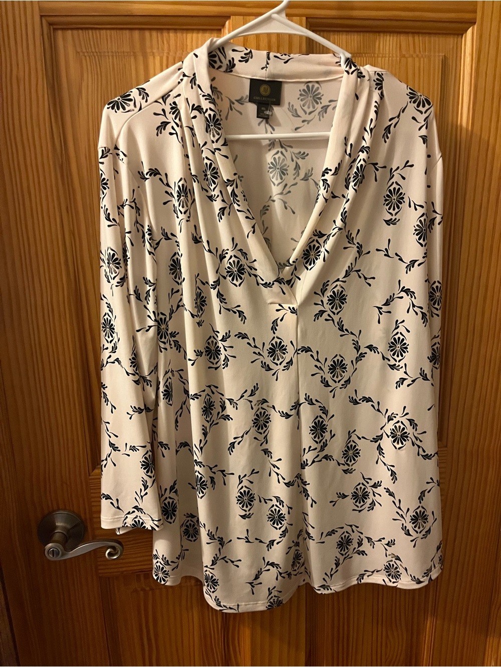 JM Collection Cream Long-Sleeve V-Neck Tunic with Black Floral Print